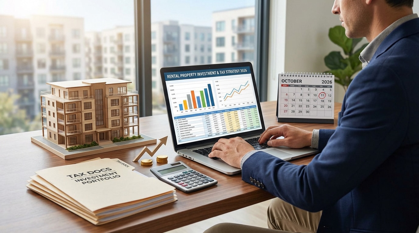 Optimisation fiscale LMNP 2026 Homme analysant une stratégie LMNP 2026 sur ordinateur avec maquette immobilière, documents fiscaux et calendrier.