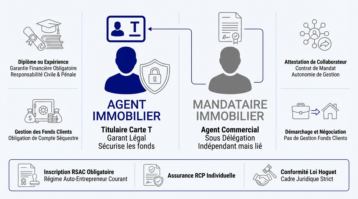 Comparaison juridique entre un agent immobilier avec carte T et un mandataire indépendant en France