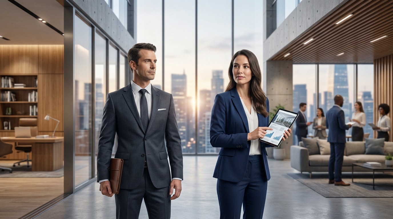 Un homme et une femme d'affaires en costume, elle montrant une tablette avec des données immobilières, dans un bureau moderne avec vue sur la ville.
