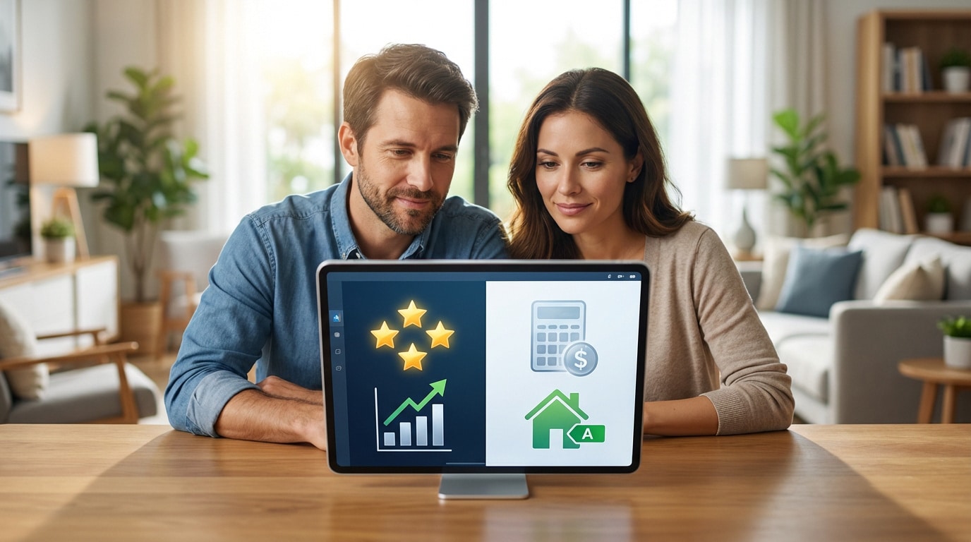 Couple regardant une tablette affichant étoiles, graphiques de croissance, calculatrice et icône de maison avec note A.