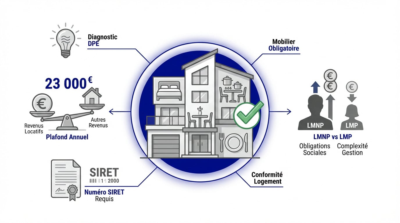 Infographie sur la conformité et la fiscalité du statut LMNP en 2026