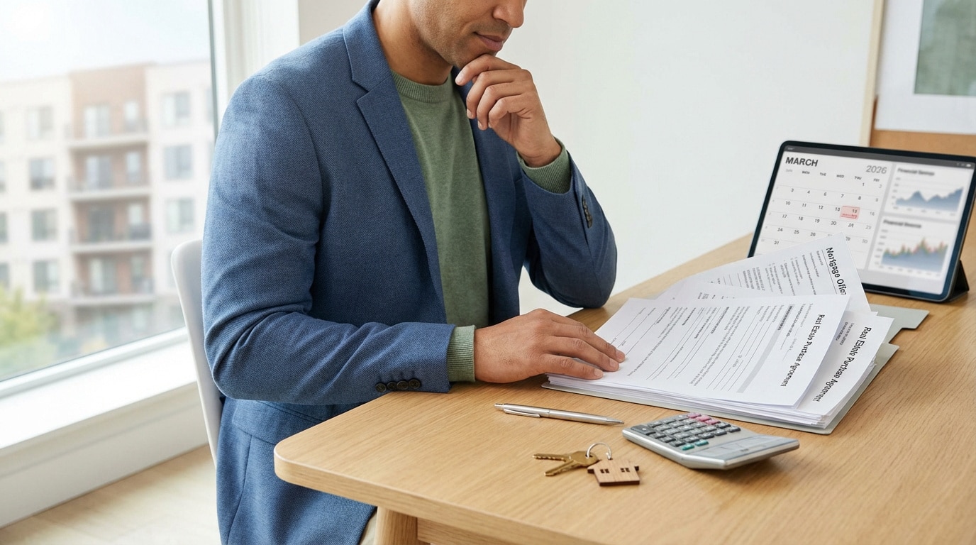 Calcul des frais de notaire pour achat immobilier 2026 Un homme étudie des contrats immobiliers et une offre de prêt. Tablette avec calendrier 2026 et calculatrice pour les frais.