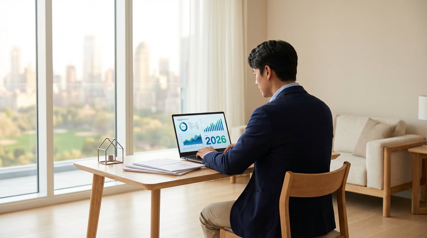 LMNP 2026 : Optimiser sa fiscalité et investissement Homme analysant des graphiques d'investissement 2026 sur son laptop, avec une maquette de maison, devant une grande fenêtre.
