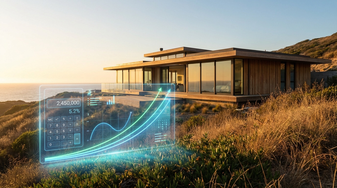 Calcul de plus-value résidence secondaire Maison moderne au bord de l'océan avec interface holographique affichant un calculateur de plus-value immobilière et des courbes de croissance.