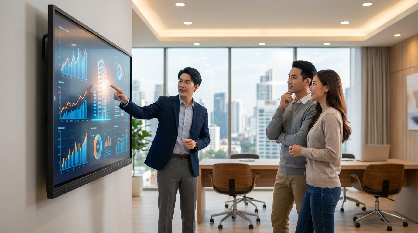 Un agent immobilier présente des graphiques et données sur un écran tactile à un couple. La présentation inclut des bâtiments et des statistiques de marché.