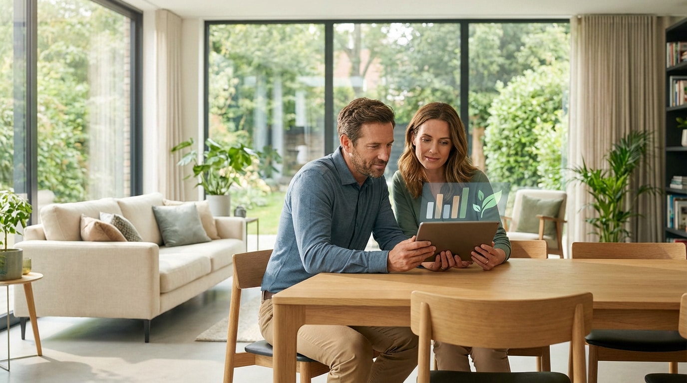 Couple analysant des graphiques et une icône de feuille sur tablette pour leur projet immobilier, dans un intérieur moderne et lumineux.